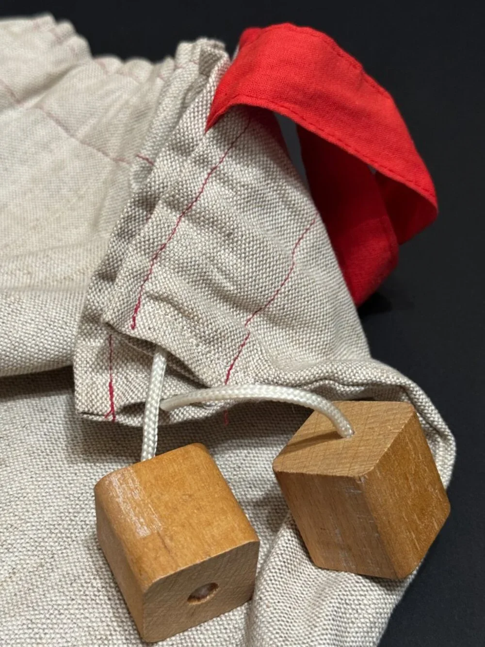 Double Handle Pouch Bag with Wood Block Aglet Drawcord, Natural Canvas